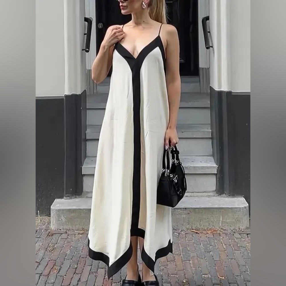 Cream and Black Halter Maxi Dress | Medium